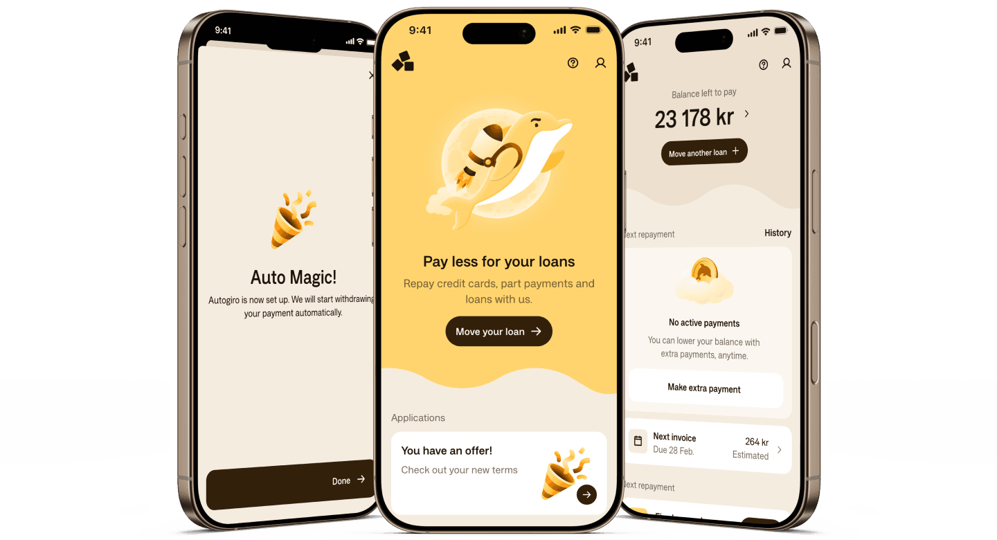 Die Anyfin-App zeigt eine Kreditübersicht, einen Zahlungsplan und den Kontostand auf drei Handybildschirmen.