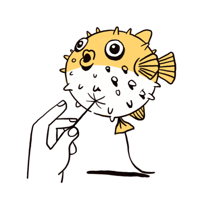 Illustration of a pufferfish resembling a balloon. A hand holding a needle is ready to pop it.