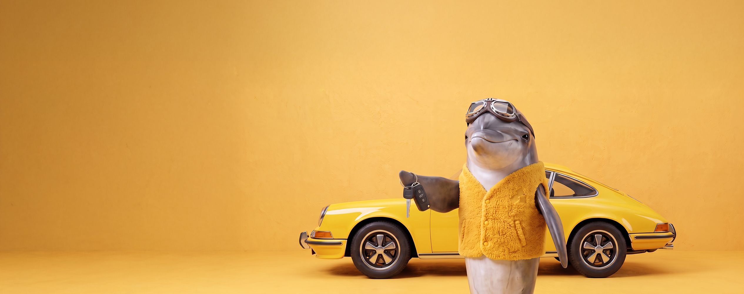 Delfi the dolphin wearing aviator goggles pushed up on its forehead and a yellow vest, holding a car key in front of a yellow vintage sports car