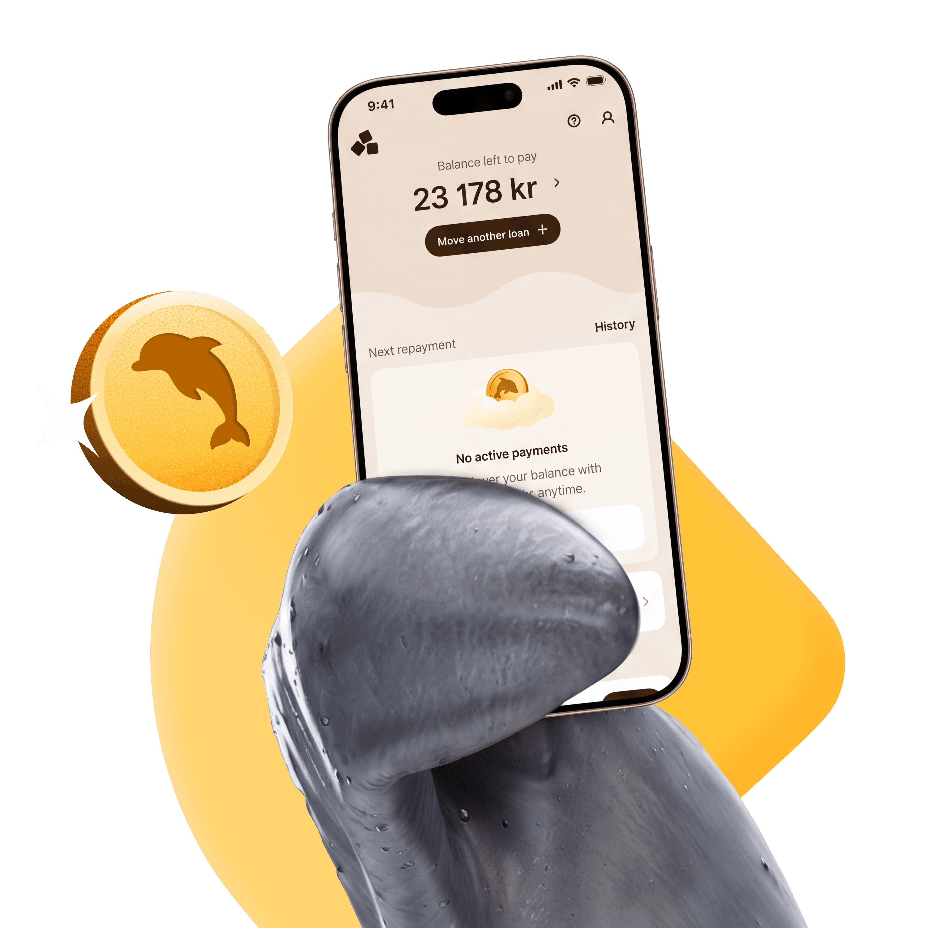 En delfin som håller upp en mobil och visar Anyfin-appen, med saldot som är kvar att betala